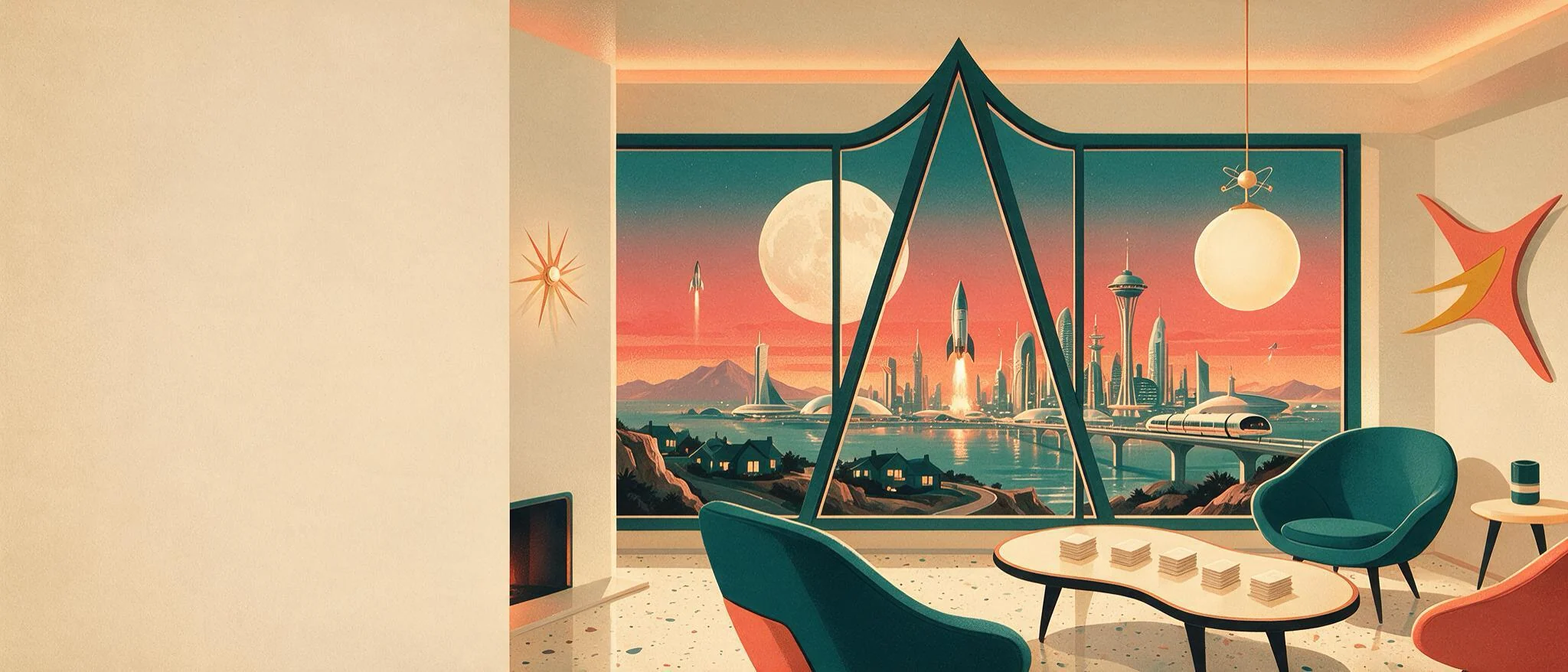 A retro-futurist 1950s lounge at dusk: a rocket lifts off over a gleaming city while five stacks of cards wait on a kidney-shaped table.
