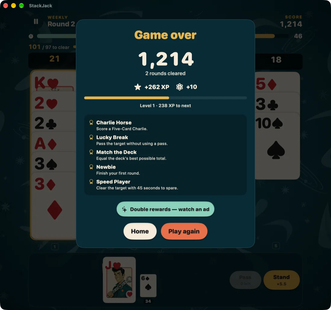 StackJack on Mac: a Weekly Challenge game over screen with achievements earned.
